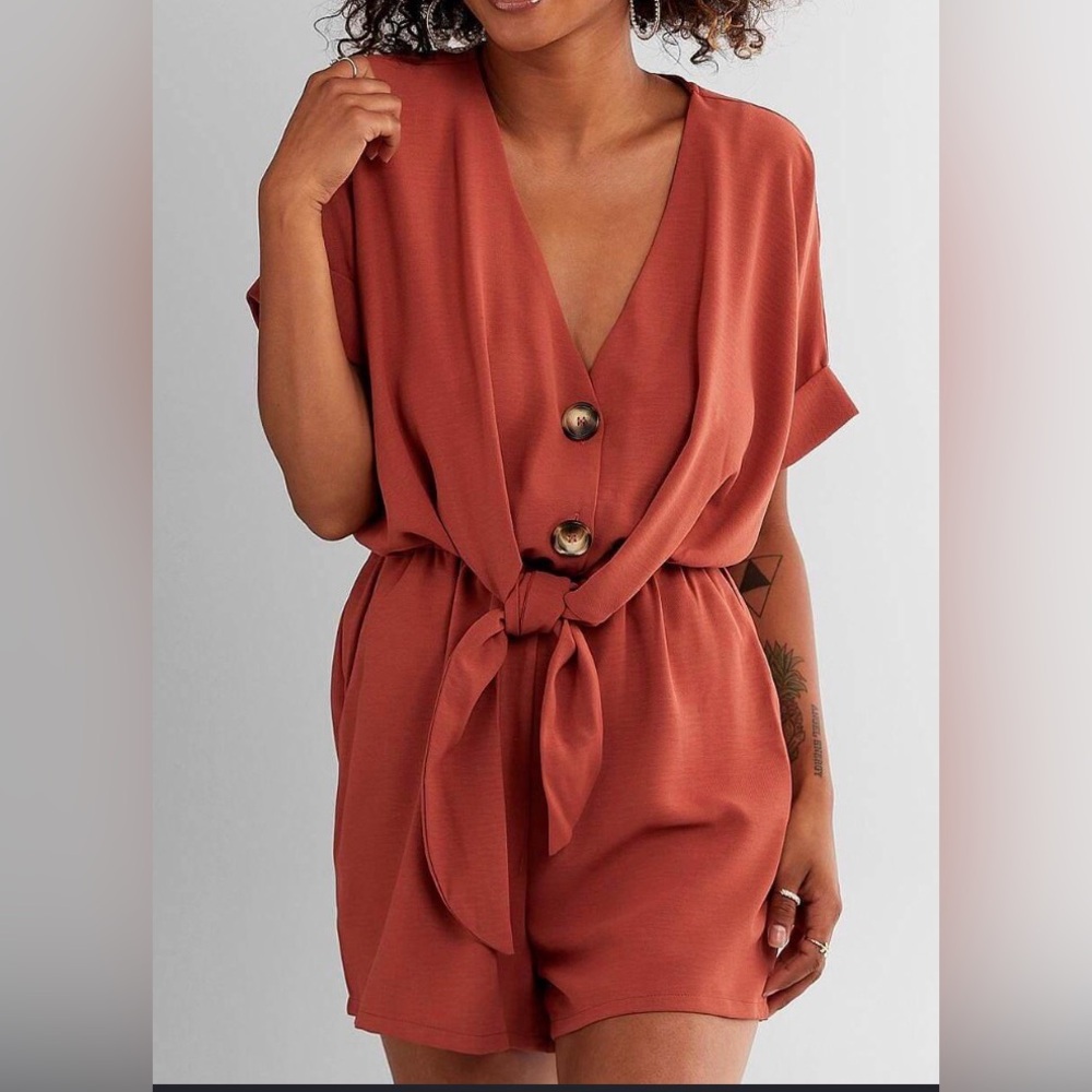 HYFVE Front Tie V neck Romper in Marsala Womens M
